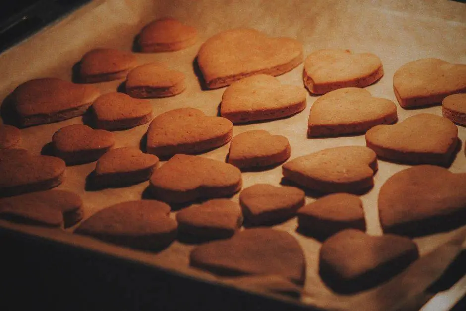 Close-up of freshly baked heart-shaped cookies on a parchment-lined baking sheet.