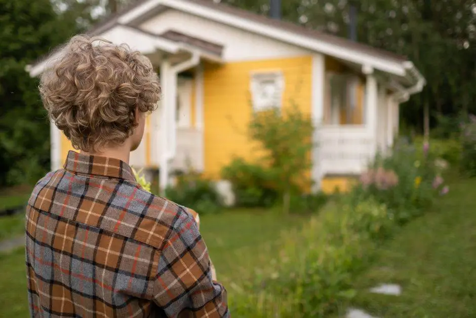 Teen with curly hair in plaid shirt stands facing a charming yellow house amidst lush greenery.
