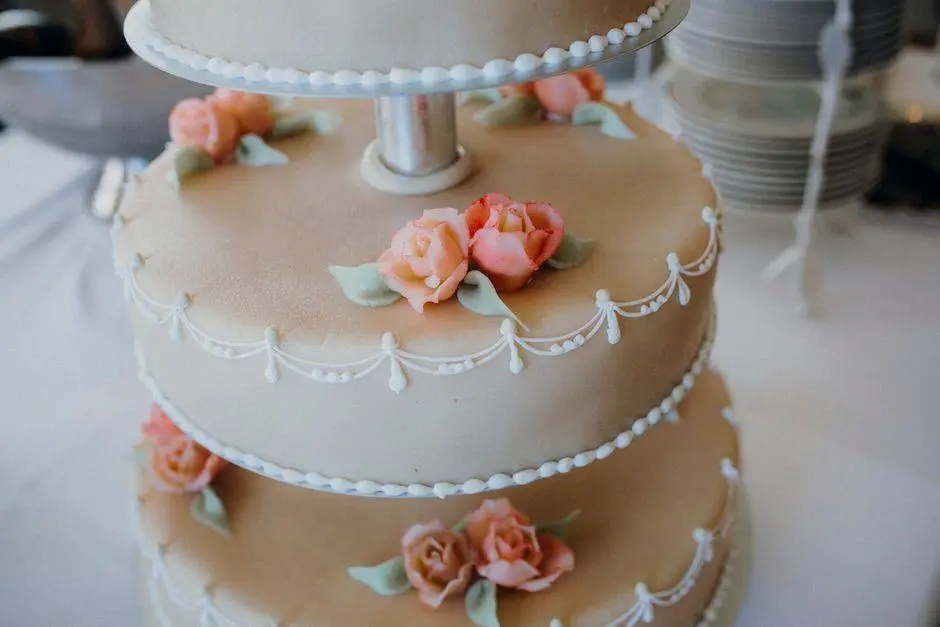 Close-up of a beautifully decorated three-tier wedding cake featuring intricate icing and pastel rose embellishments.