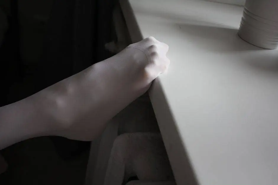 Subtle close-up of foot in stocking on a windowsill with shadow play.