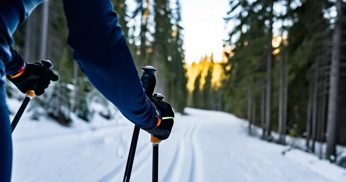Hiihtäjä pitää kiinni hiihtosauvoista lumisella metsäpolulla