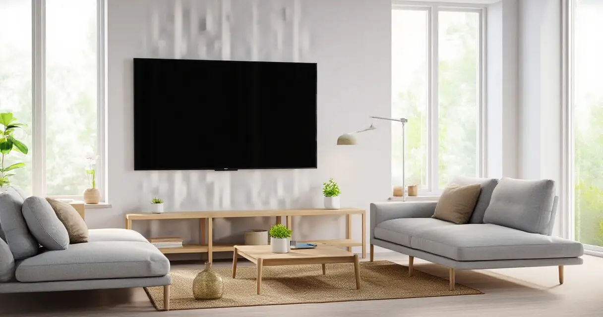 Moderni olohuone suurella seinälle kiinnitetyllä televisiolla ja sopivalla katseluetäisyydellä