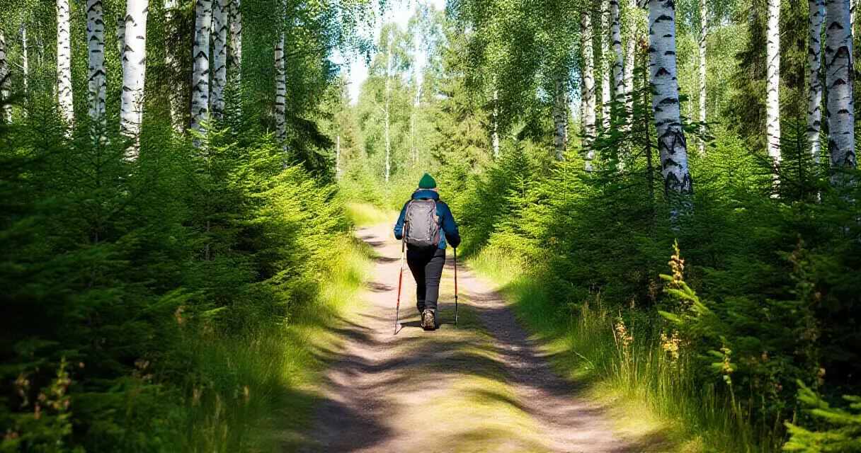 Henkilö sauvakävelyllä suomalaisessa metsässä kesällä