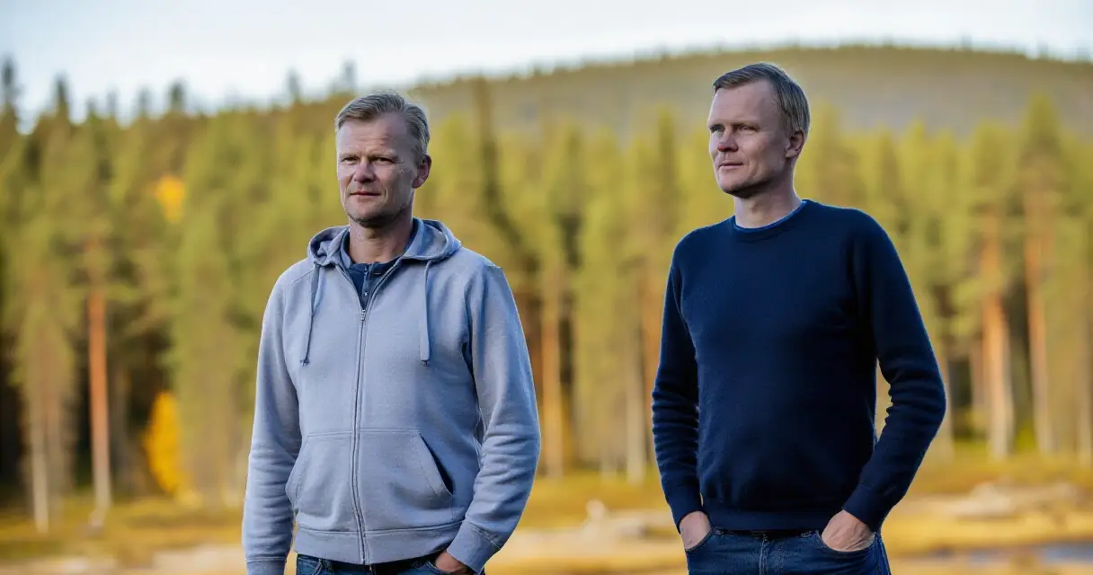 Kaksi pitk&auml;&auml; suomalaista miest&auml; seisomassa mets&auml;ss&auml; syksyll&auml;