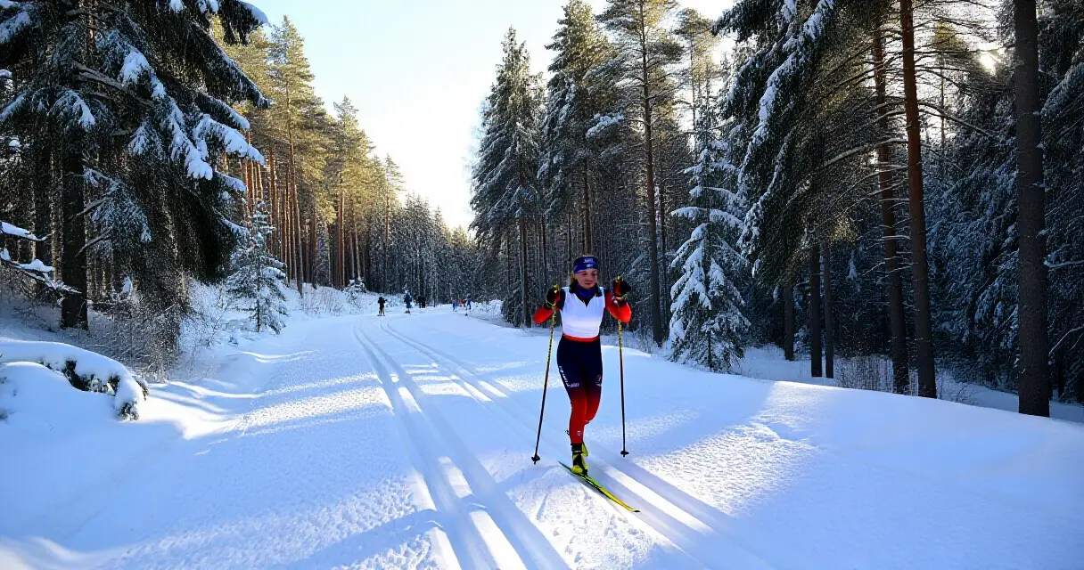 Naishiiht&auml;j&auml; kilpailemassa lumisessa mets&auml;maisemassa talvella