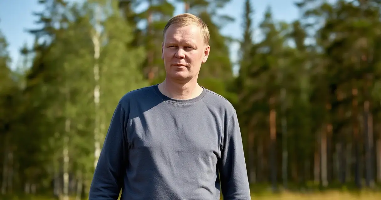 Suomalainen mies seisoo metsässä luonnonvalossa